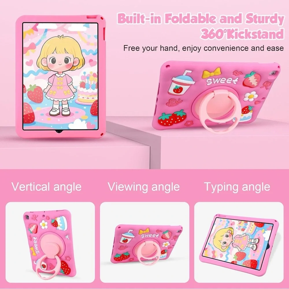 iPad 10.2” Kids Case Pink Cute Kawaii Strawberry w/ Strap & Stand (7/8/9 Gen)